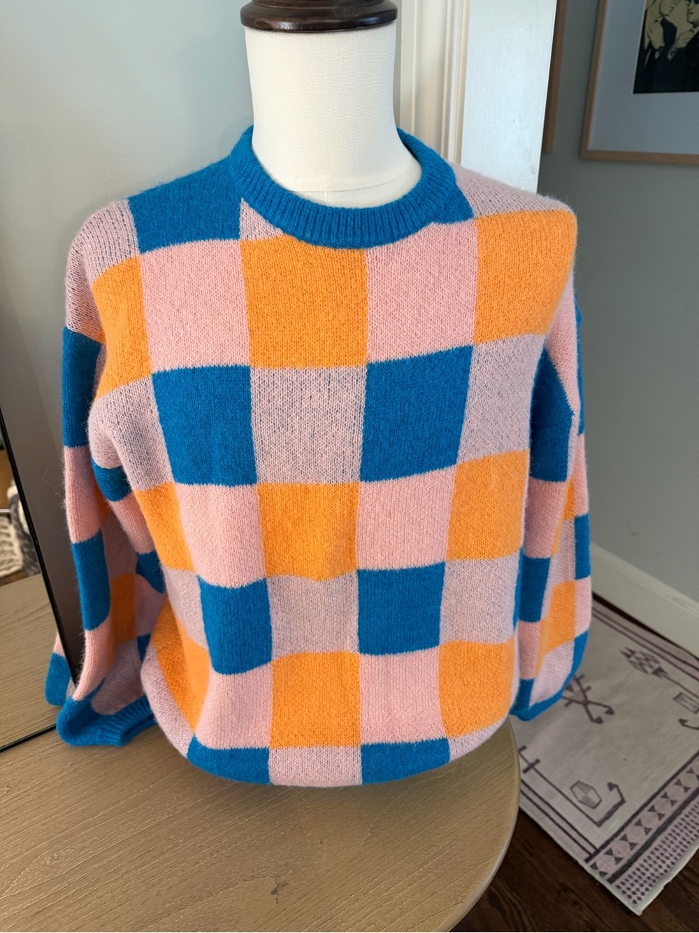 FRNCH Checkerboard Crewneck Sweater in Blue, Pink & Orange